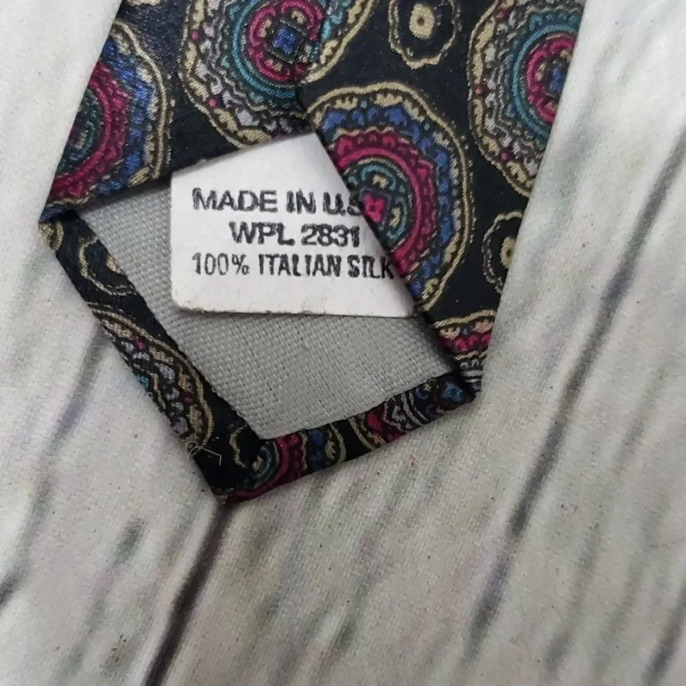 Vintage Italian Silk Black Purple Eclectic Medallion Print Tie